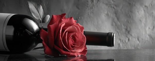 Red Rose and Wine Bottle Still Life