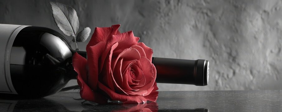 Red Rose and Wine Bottle Still Life - Powered by Adobe