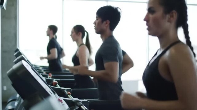 People of varying ages and fitness levels exercise on treadmills in a bright, modern gym setting, promoting health and wellness.