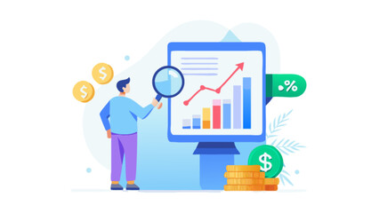 Analyzing financial growth chart with magnifying glass for investment strategy and success analysis