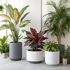 Obraz premium Potted palm tree in white vase green leaves tropical houseplant