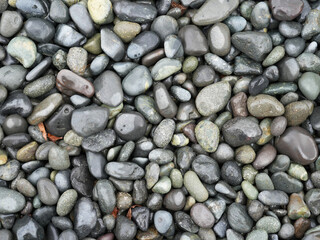 Close-up texture of smooth wet pebbles in various shades of grey, green, and brown, creating a...