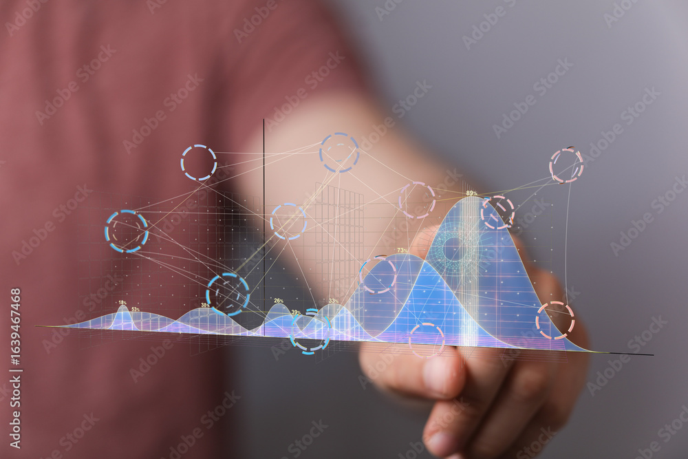 Poster person interacting with a holographic graph, showcasing data analysis and technology.