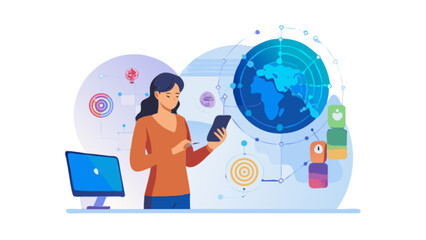 Global network connection concept with woman using smartphone and computer for business communication