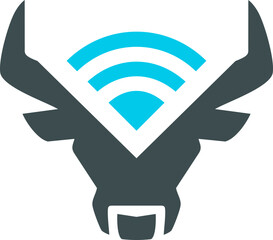 Minimalist bull head logo with blue Wi-Fi signal icon, clean geometric design, black and white with accent color, modern technology and animal symbol for branding or communication themes.