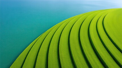 Lush green terraced fields meet a tranquil blue water body, showcasing stunning agricultural patterns and the harmony of nature.