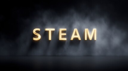 A glowing "STEAM" text appears in a misty background, creating a mysterious and atmospheric effect.