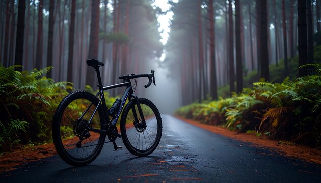 Road bike on a foggy forest cycling path during a calm morning, natural light, cinematic perspective, ultra high resolution stock photo style