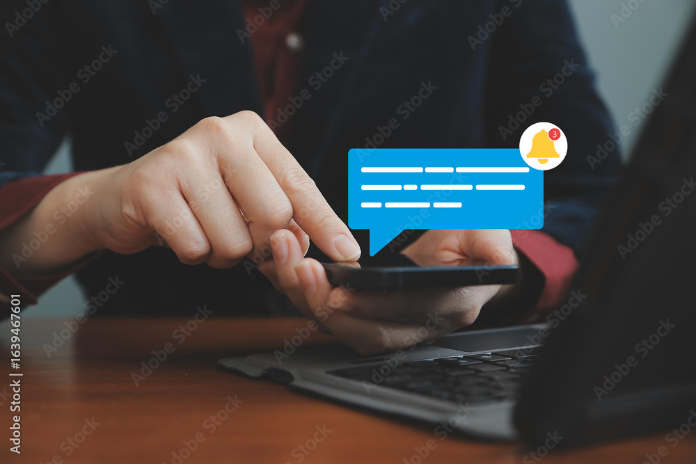 Poster new notification concept. man using smartphone with notification messages, incoming message reminder