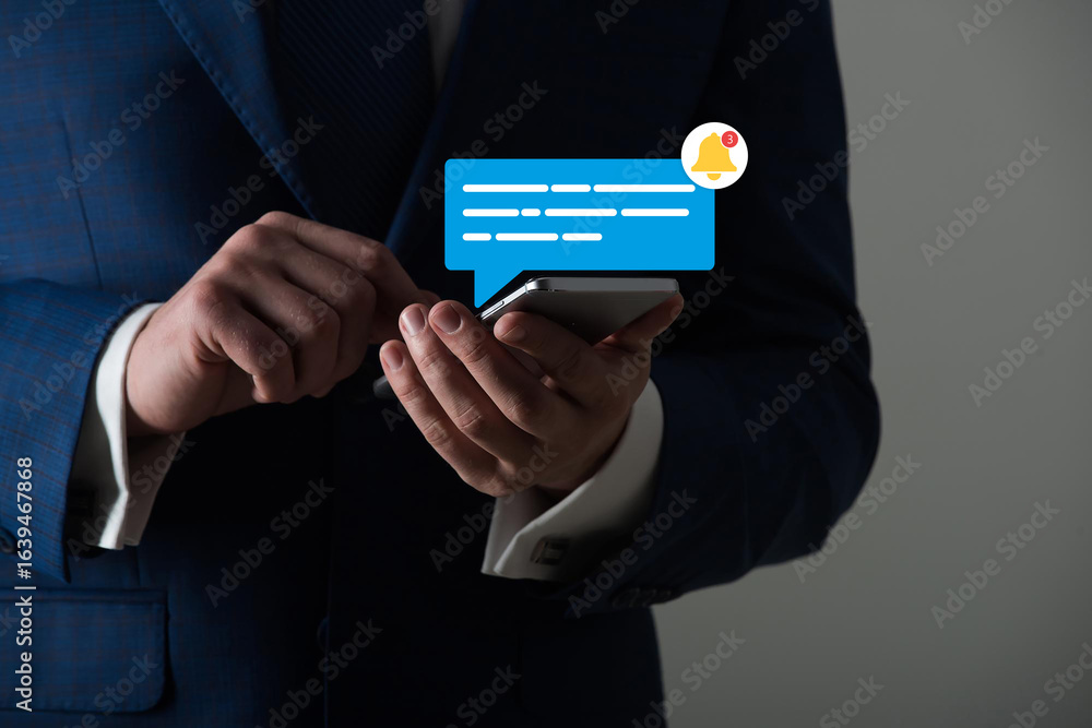 Poster new notification concept. man using smartphone with notification messages, incoming message reminder