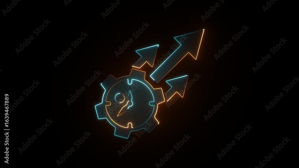 Poster glowing neon efficiency scalability streamlining icon minimal optimization on a black background ani