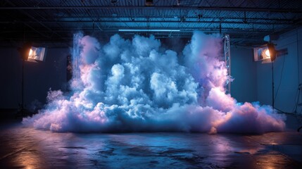 A dramatic scene featuring colorful smoke billowing in a dimly lit space, creating an ethereal and artistic atmosphere.