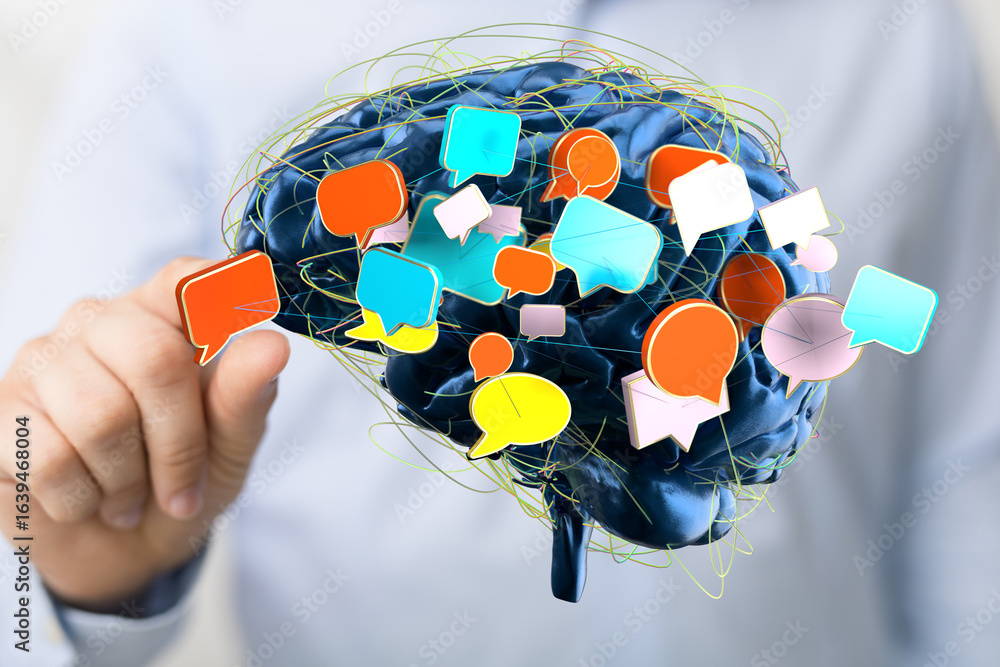 Poster abstract image of a brain with colorful speech bubbles, illustrating communication, ideas, and netwo