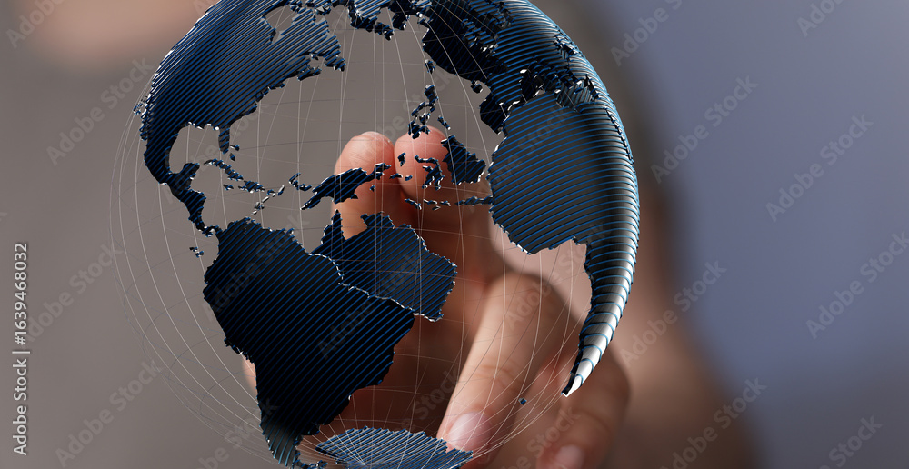 Poster abstract image of a hand interacting with a 3d model of the earth, symbolizing global connection and