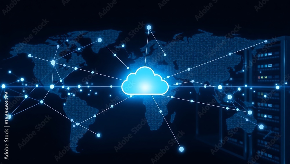 Aufkleber global cloud computing network connecting data servers and world map.