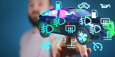 Modern car diagnostics.  A man interacts with a 3D model showing various car warning lights.