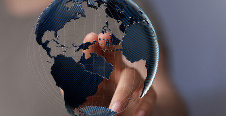 Abstract image of a hand interacting with a 3D model of the Earth, symbolizing global connection...