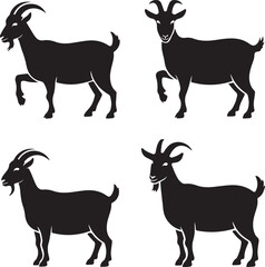 Four Black Silhouette Goats Standing on White Background animal farm