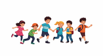 Cheerful Children Running Together, Holding Hands, Heading to School