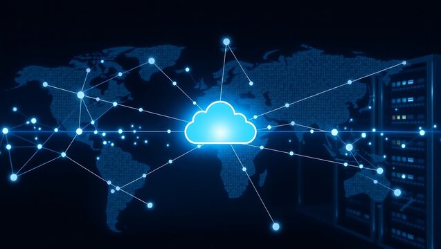 Global Cloud Computing Network Connecting Data Servers and World Map.