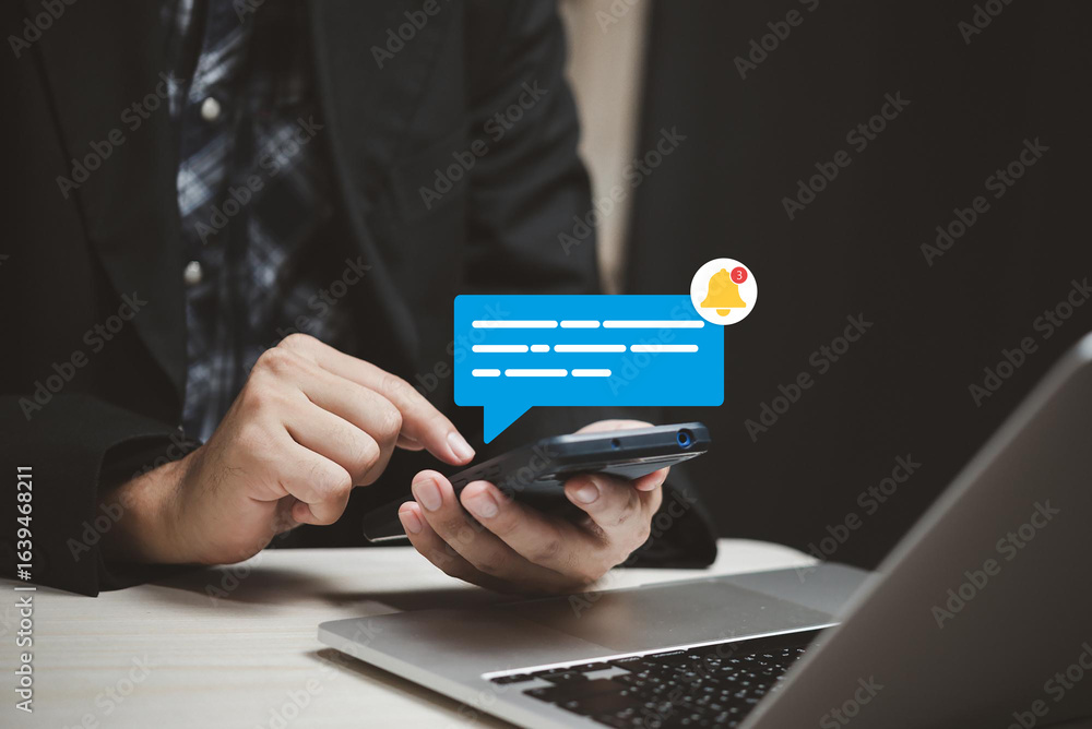 Poster new notification concept. man using smartphone with notification messages, incoming message reminder