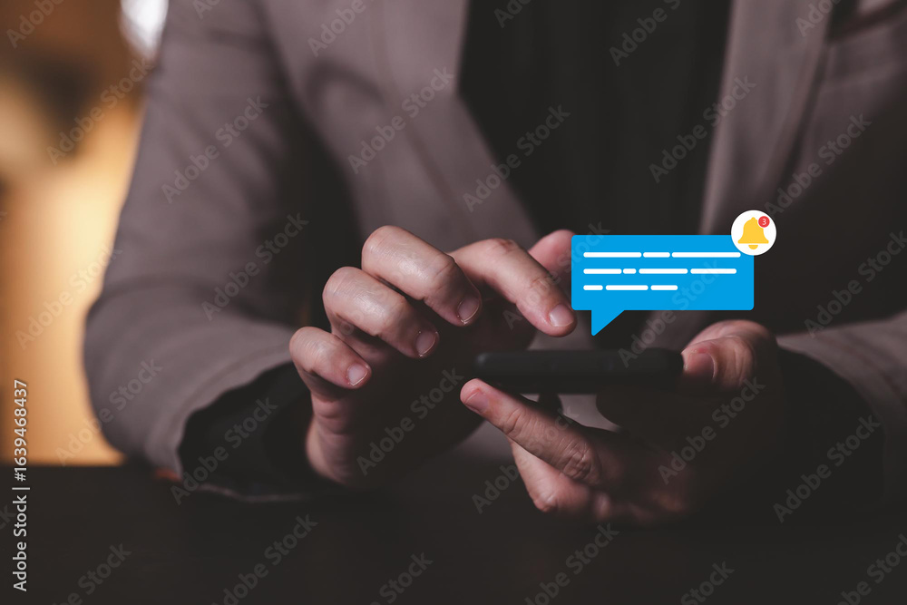 Poster new notification concept. man using smartphone with notification messages, incoming message reminder
