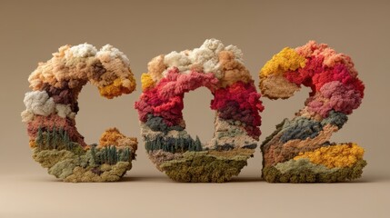 A vibrant, artistic representation of "CO2" formed with colorful foliage and landscapes, highlighting nature's beauty and environmental themes.