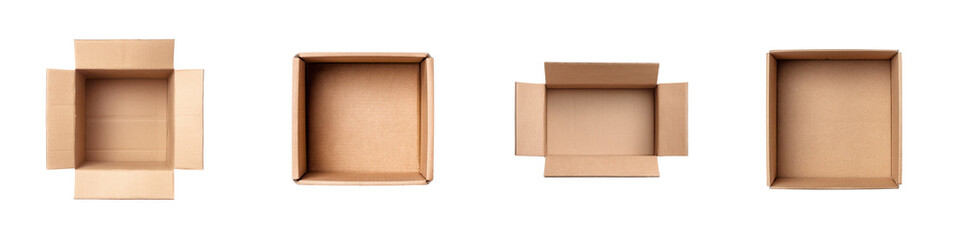Four empty brown cardboard boxes displayed from a top down view Two cartons and two shallow trays are open isolate