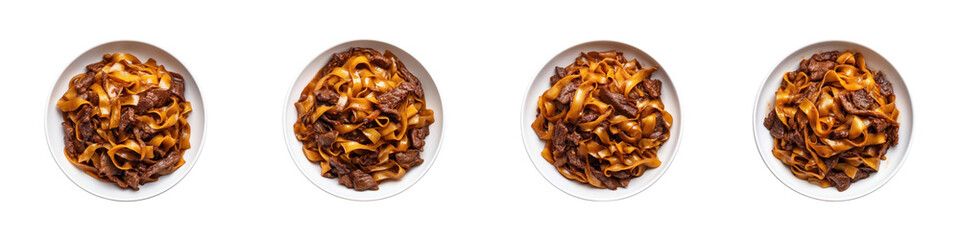 Obraz premium Four white bowls featuring savory stir fried beef and wide flat noodles with tender meat pieces and golden pasta transparent background
