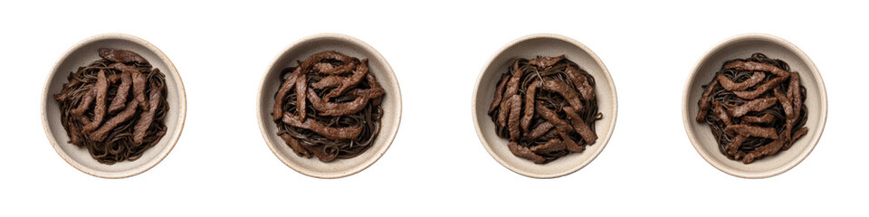 Obraz premium Four bowls of dark noodles adorned with savory brown meat strips arranged in a row Top down view studio capture isolate