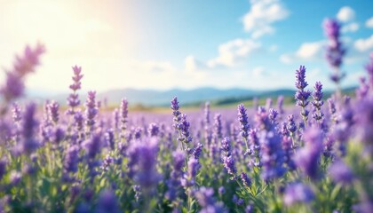 Obraz premium Serene Candid Photography of Lavender Fields Under Bright Blue Sky with Fluffy Clouds and Gentle Sunlight Creating Natural Beauty and Tranquil Atmosphere