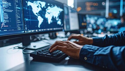 Close Up Of Hands Typing On Keyboard In Front Of Computer Monitors With Global Network Data