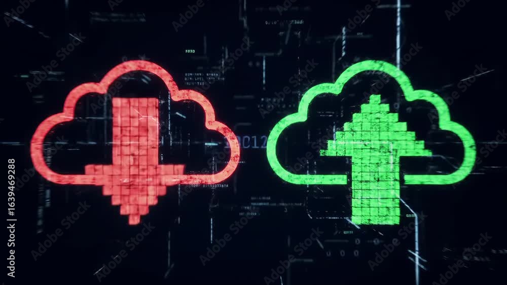 Aufkleber red digital cloud download icon and green digital cloud upload icon on dark digital background, repr
