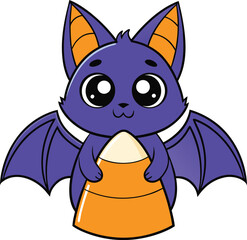 Fototapeta premium Cute purple bat hugging candy corn halloween cartoon vector