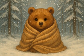 An adorable illustration of a brown bear wrapped in a cozy blanket, sitting in a snowy forest with falling snow, perfect for winter, holiday and children&rsquo;s themes