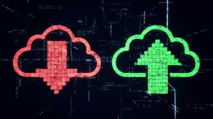 Red digital cloud download icon and green digital cloud upload icon on dark digital background, representing data transfer, cloud computing, internet technology, digital icon concepts - Powered by Adobe