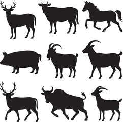 Nine black animal silhouettes including deer horse pig and goats animals white background