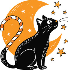 Black Cat Sitting on Crescent Moon with Stars Spooky Halloween Vector Illustration