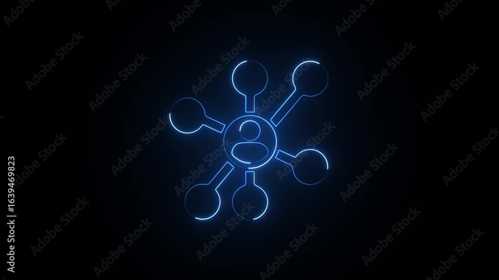 Poster glowing neon customer data unification icon on a black background animation.