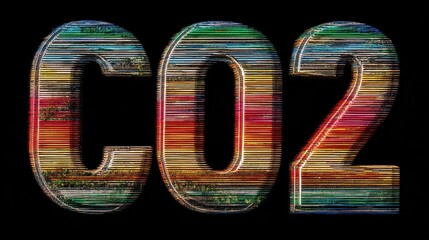 An artistic representation of the chemical formula CO2, featuring vibrant colors and patterns against a black background, symbolizing carbon dioxide.