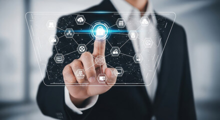 Businessman touching digital lock icon cybersecurity concept data protection secure network technology interface modern office background innovation privacy futuristic confident gesture