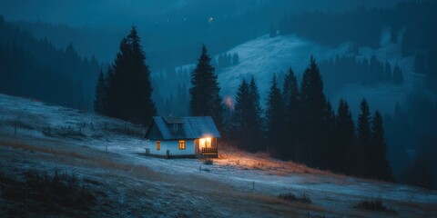 A peaceful cottage surrounded by pine trees in the hills at midnight