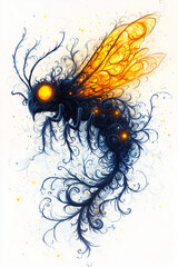 Monsterhafte Motte mit goldenen Fl&uuml;geln und schattenhaftem K&ouml;rper, leuchtenden Augen und langen F&uuml;hlern, Hochformat vor wei&szlig;em Hintergrund