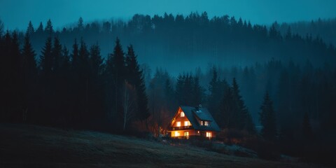 A peaceful cottage surrounded by pine trees in the hills at midnight