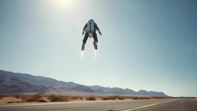 Futuristic pilot with metallic mini jetpack takes off in cinematic slow motion before accelerating at high speed over a desert highway, ultra realistic 16:9 video