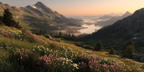 A peaceful dawn over a flower-filled alpine valley, with mist curling over a golden lake ultra-detailed, photorealistic