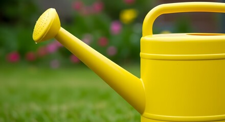 Yellow watering can on grass.