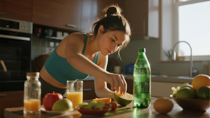 Young woman preparing juice in the kitchen at home. Healthy lifestyle.