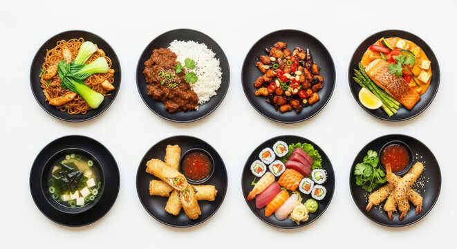 Asian cuisine noodle rice stir fry sushi miso soup spring roll tempura seafood vegetable colorful delicious fresh gourmet assorted traditional healthy vibrant appetizing elegant black plate top