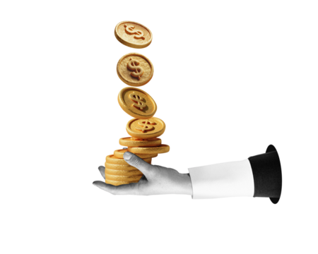 Art collage. The hand holds stack of coins, isolated on free png background. Business earn money concept.